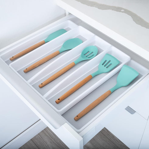 Smart Design Expandable 5 Compartment Plastic Drawer Organizer - Non-Slip Lining and Feet - BPA Free - Utensils, Flatware, Office, Personal Care, ...