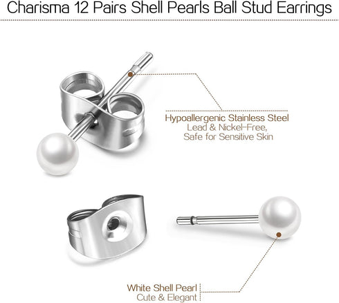 Charisma 4mm Composite Pearl Earrings Round Ball Pearls Stud Earrings Hypoallergenic 12 Pairs Mixed Color Imitation Pearl Earrings Set for Women...