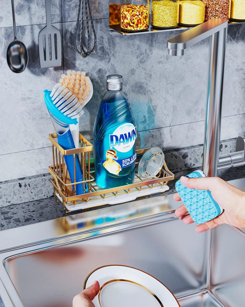 Consumest Sink Caddy, Kitchen Sponge Holder + Dish Brush Holder for Kitchen Sink, Sink Organizer with Drip Tray for Countertop, Stainless Steel Ru...