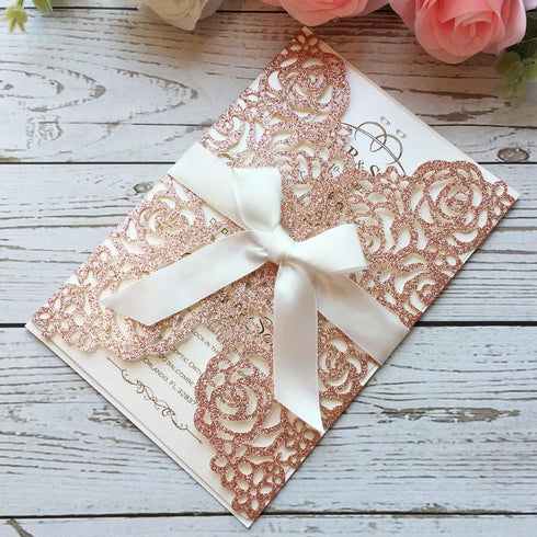 20PCS 5.12 x 7.28'' Laser Cut Wedding Invitations Cards with Envelopes Hollow Rose Pocket with Bowknot Invitation for Bridal Shower Wedding Invite...