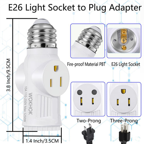 Light Socket to Plug Adapter,2/3 Prong Convert Light Socket Outlet,Light Socket Adapter Splitter Converter for Garage Porch,Light Bulb Plug Adapte...