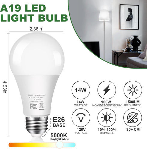 LED Light Bulbs 100Watt Equivalent 5000K Daylight, Dimmable A19 LED Light bulbs 14W 1500LM Bright LED Bulbs with E26 Standard Medium Base for Home...