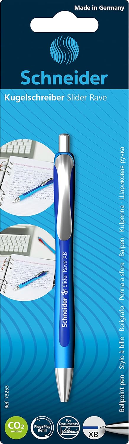 Schneider Slider Rave XB (Extra Broad) Ballpoint Pen, Refillable + Retractable, 1.4 mm, Light Blue Barrel, Blue Ink, Blister Pack of 1 Pen (73253)...