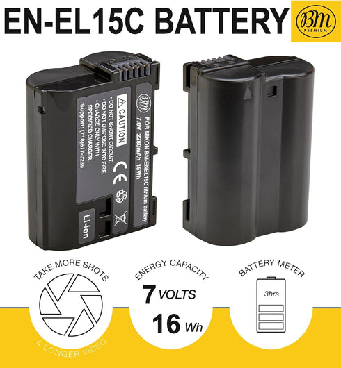 BM Premium EN-EL15C High Capacity Battery for Nikon Zf, Z5, Z6, Z6 II, Z7, Z7II, Z8, D780, D850, D7500, 1 V1, D500, D600, D610, D750, D800, D800E,...