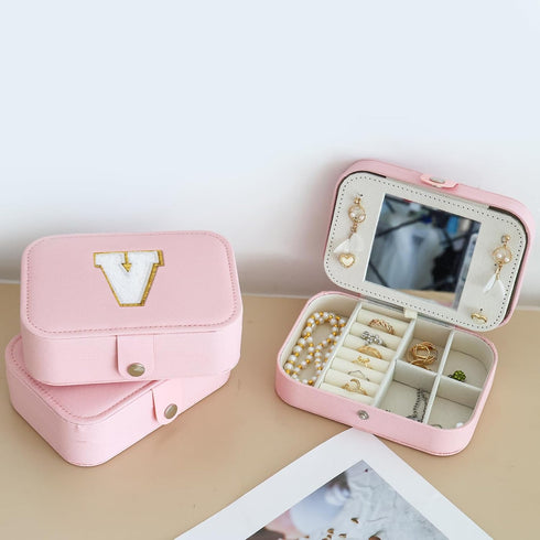 FUNARTY Travel Jewelry Box Organizer, Pink Jewelry Case Initial Jewelry Boxes Jewelry Organizer Travel Essentials Birthday Gifts for Women Teen Gi...