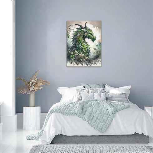 Dragon Wall Art Green Dragon Pictures Wall Decor Dragon Leaf Canvas Nature Painting Modern Artwork Home Decoration for Bathroom Living Room Bedroo...