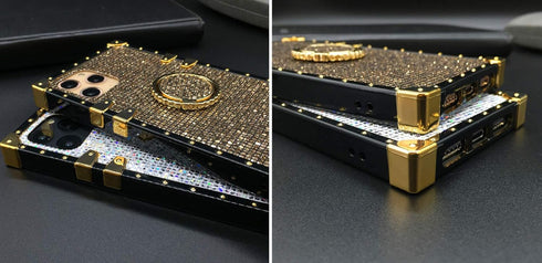 A13 for Samsung Galaxy A13 5G Bling Case,Luxury Bling Glitter Sparkle Cute Gold Square Corner Soft Trunk Cover with Finger Ring Grip Kickstand Pho...