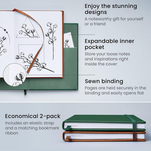 ARTEZA Dotted Journals, Pack of 2, 6x8 Inches, 96 Sheets, Hunter Green and Saddle, Hardcover Notepads with Smooth Paper...