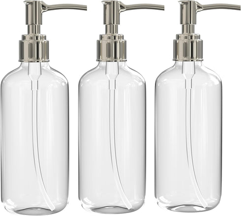 Clear Plastic Soap Dispenser Pump Bottles – 3 Pack, 16 Oz – Refillable Hand Soap Dispensers for Bathroom or Kitchen, BPA-Free Boston Round Pump Bo...