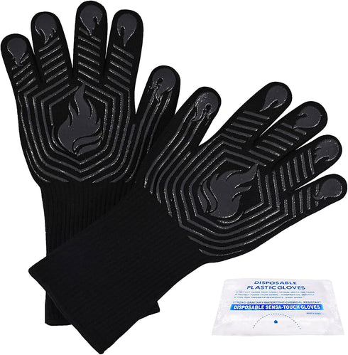 BBQ Gloves, 1472°F Heat Resistant Fireproof Mitts, Silicone Non-Slip Washable Oven Kitchen Gloves for Barbecue, Grilling, Cooking, Baking, Camping...