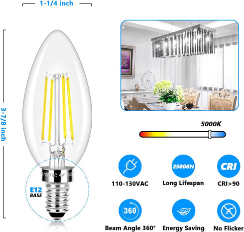 LED Candle Bulbs 40W Equivalent, E12 Candelabra Light Bulbs 4W 470Lm Clear Edison LED Bulbs, Daylight White 5000K Classic Bright Filament Bulbs, N...