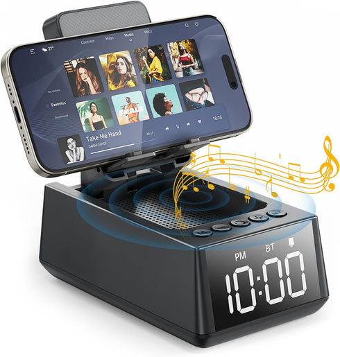 Deeyaple 3 in 1 Wireless Bluetooth Speaker with Loud Alarm Clock Cell Phone Stand TF Card Reader 12H Display Mic HD Surround Sound Cell Phone?Tabl...