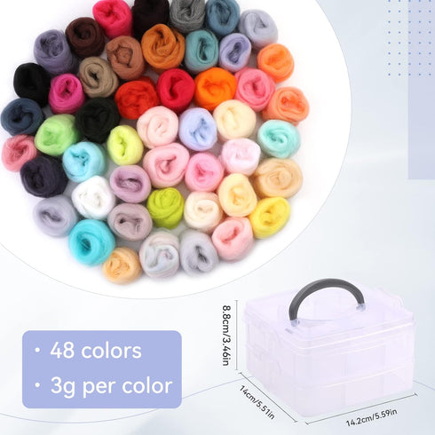 JUPEAN Needle Felting Wool, Roving Wool, Needle Felting Starter Kit for Beginner - 48 Colors Wool Roving Yarn with 2-Layer Transparent Storage Box...