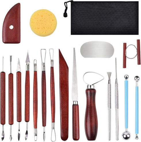 Blisstime 18PCS Clay Sculpting Tools, Basic Clay Pottery Carving Tool Kit with Wooden Handles and Tool Bag...