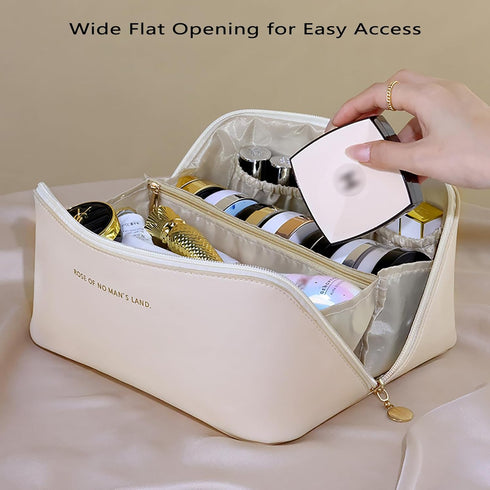 IMCUZUR Travel Makeup Bag Cosmetic Organizer for Women, Portable Skincare Bag for Traveling, Waterproof PU Leather Wide Open Make up Bag (White)...