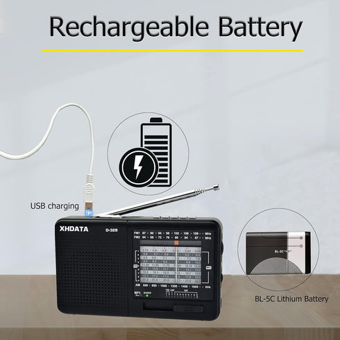 D-328 Shortwave AM FM DSP Portable Small Multi Band Radio Stereo MP3 Player with Rechargeable Battery Earphone Jack Portable Multimedia Speaker wi...