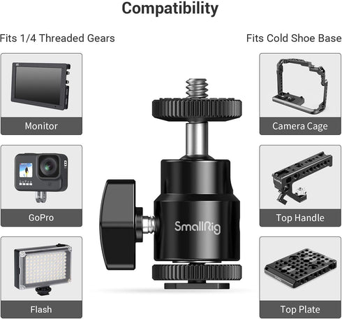 SmallRig 1/4" Camera Hot Shoe Mount, Ballhead Tripod with Additional 1/4" Screw, 2pcs Pack - 2059...