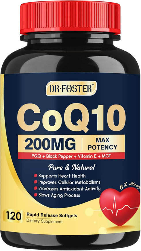 Coq10 200mg Upgraded, 6X High Absorption with Vitamin E & PQQ & Black Pepper Extract, Co q 10 Supplement for Heart Supports & Energy Production, C...