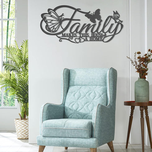Family Metal Wall Decor Word Sign, Black Family Makes This House A Home Art Butterflies Love Heart Wall Hanging Sculpture, Iron Letters Quotes for...