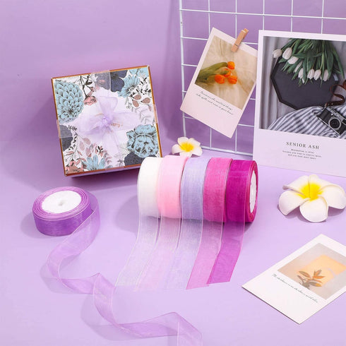 6 Rolls Sheer Chiffon Ribbon Organza Satin Ribbon Transparent Chiffon Ribbon for Wrapping Decorating Valentine's Day Wedding Birthday Bouquet Garl...