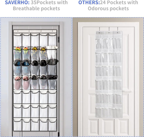 35 Pockets Over the Door Shoe Organizer, Hanging Shoe Organizer for Door with 35 Mesh Pockets Large Capacity Shoe Hanging Storage Bag with 4 Metal...