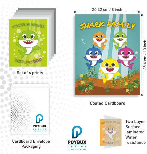 PoyBux Design,Baby Shark Art Poster Drucke, Set von 6 (ungerahmt) (20.3x25.4 cm), Kinderzimmer-Wandkunst-Dekoration, Kinderzimmer Heimdekoration.,...