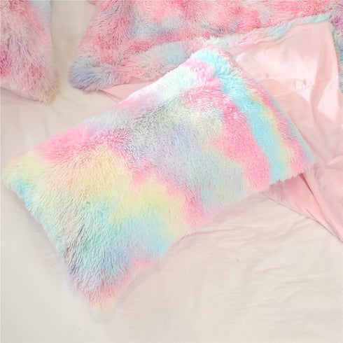 Plush Standard/Queen Pillowcase 2 Pack Rainbow Tie Dye Super Soft Fluffy Faux Fur Shaggy Pillow Cases/Covers Girls Cute Decorative Throw Pillow Sh...