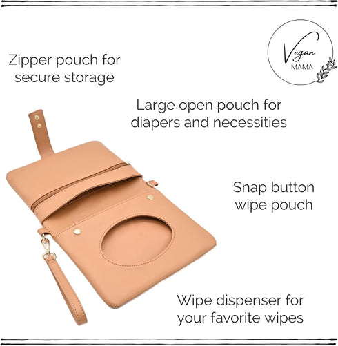 Diaper Clutch Bag/Tan Vegan Leather/ 9in x 7in x 1in/ Minimalist Travel Diaper Bag/Mini Diaper Bag/Wipe Dispenser Pouch/Secure Inner Zipper Pouch...