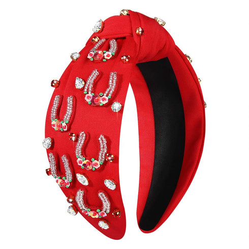 Kentucky Derby Headband for Women Beaded Horseshoe Headband Rhinestone Crystal Hairband Red Top Knot Beaded Headband Derby Horse Hair Accessories ...