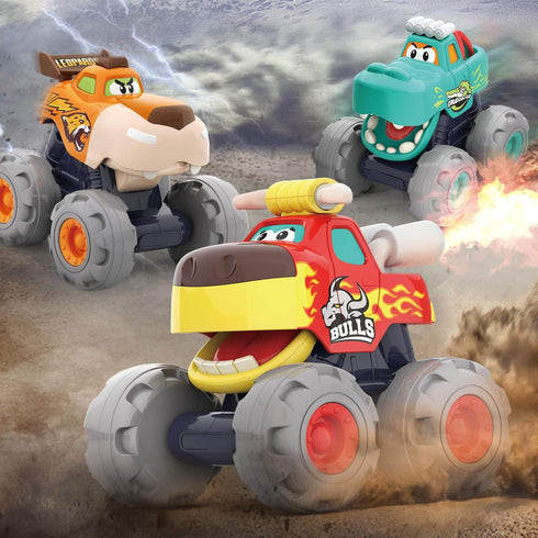Toy Cars For 1 2 3 Year Old 3 Pack Monster truck Toy Push & Go Crocodile Friction Powered Bull Pull Back Leopard Car Big Wheel Animal Car Baby Toy...