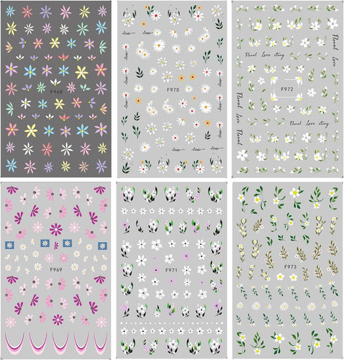 6 Sheets Flower Nail Art Stickers 3D Self-Adhesive Flower Nail Decals Spring Daisy Blossoms Design Floral Nail Sticker Spring Summer Nail Art Supp...