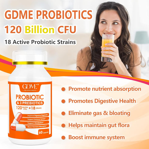 Probiotic Capsules, 60 Capsules 120 Billion CFU 18 Strains, Contains 3 Prebiotics, for Men & Women, Once Daily Probiotic Dietary Supplement, Boost...