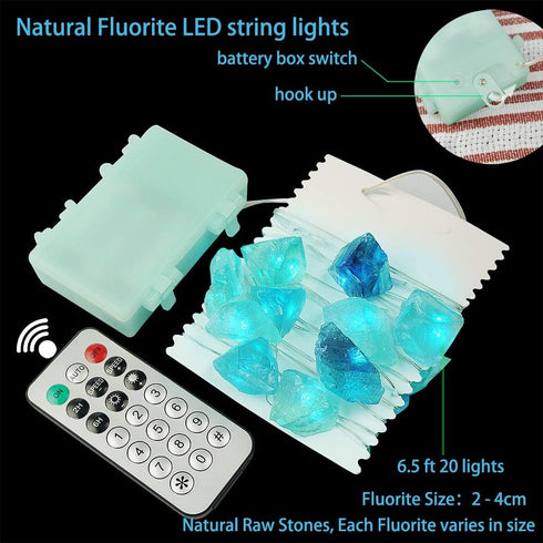 BOHON Natural Fluorite String Lights Battery Operated with Remote Sea Glass Raw Stones Decorative Lights 6.5ft 20 LEDs String Lights for Bedroom P...