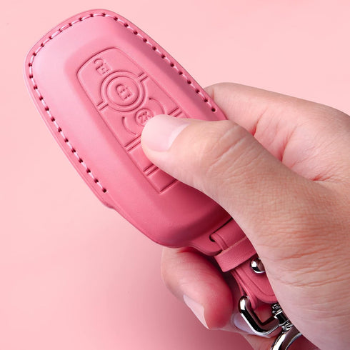Tukellen for Ford Leather Key Fob Cover with Keychain Compatible with Ford Explorer Mustang Fusion Escape F150 F250 F350 F450 F550 Edge-Pink...