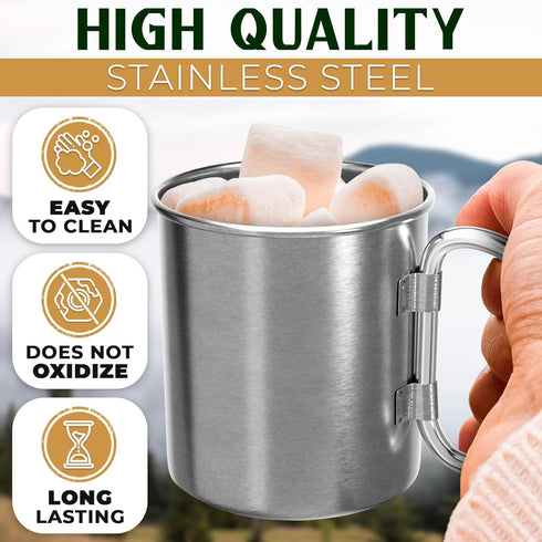 Stainless Steel Camping Mug with Handle - 13.5 oz Coffee Camping Mug with Carabiner Handle Portable Backpack Outdoor Hiking Cup Lightweight Campin...