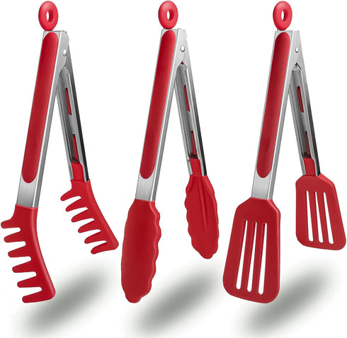 HST 3 Pack Kitchen Tongs, Non Stick Stainless Steel 9 Inch Tongs With Silicone Tip for Cooking BBQ Baking(Red)...