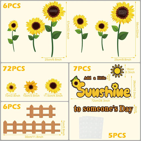 92 Pcs Summer Sunflower Bulletin Board Decorations Sun Flower Cutouts with Growth Spring Yellow Flower Bulletin Board Set for Classroom Window Wal...