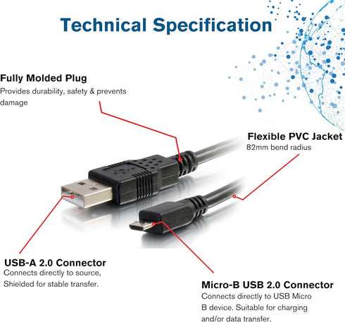 C2G Legrand USB A to B Cable, Male to Male USB Cable, Micro USB Cable, 2 Meters (6.56 Foot) Data Transfer Cable, Black USB Cord, 1 Count, C2G 2736...