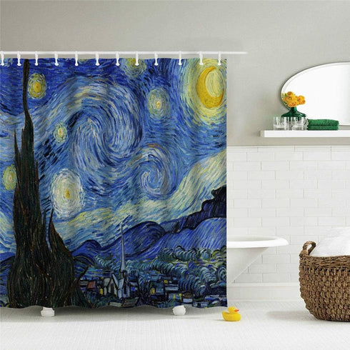 IcosaMro Starry Night Shower Curtain for Bathroom with Hooks, V. Gogh Stars Art Decorative Long Cloth Fabric Shower Curtain Bath Decorations - 71W...