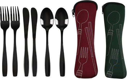 6 Pieces Travel Flatware with Case, Black Stainless Steel, Camping Fork Spoon Knife Set, R...