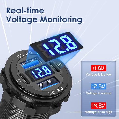 ?Upgraded Version? 78W 12V USB Outlet Qidoe 4 Port Dual 30W PD & Dual Quick Charge 3.0 Aluminum USB 12V Charger Socket with Voltmeter USB C to USB...