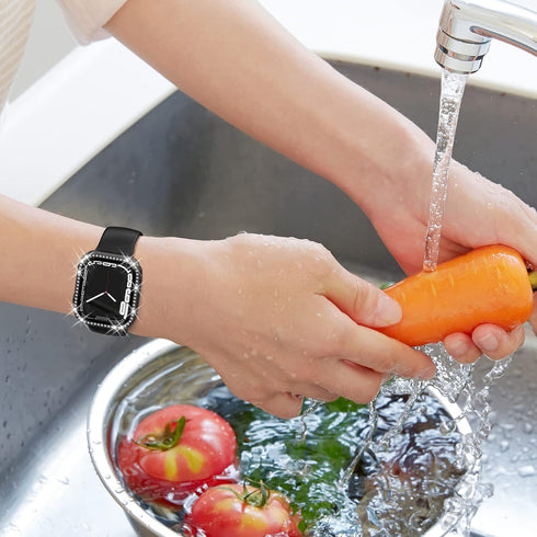 2 in 1 Bling Waterproof Case for Apple watch Series 8 7 45mm, 360 Protective PC Cover Front & Back Bumper with Tempered Glass Screen Protector, Cr...