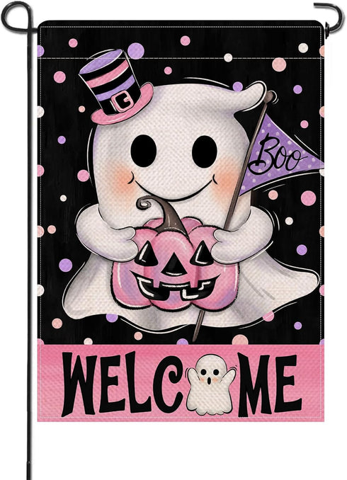 Welcome Halloween Spooky Ghost Boo Small Decorative Garden Flag, Pink Jack O Lantern Pumpkin Polka Dot Yard Lawn Outside Decor, Funny Holiday Burl...