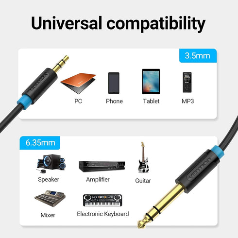 VENTION 3.5mm to 6.35mm Cable, 6.35mm 1/4" to 3.5mm 1/8" Adapter Male to Male TRS Stereo Audio Aux Jack Cable Gold Plated Compatible with Laptop, ...