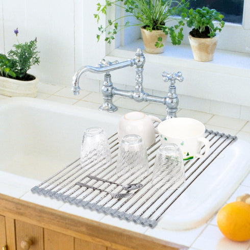 Roll Up Dish Drying Rack 20.5"(L) x 13.8"(W) - Stainless Steel and Silicone Dish Drying Mat Over The Sink Foldable Drain Rack Multipurpose Dish Dr...
