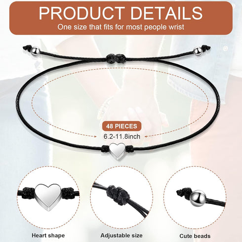 48 Pieces Heart Matching Bracelets for Friend Heart String Bracelet Heart Friendship Bracelets Matching Bracelets for Couples Black Adjustable Cou...