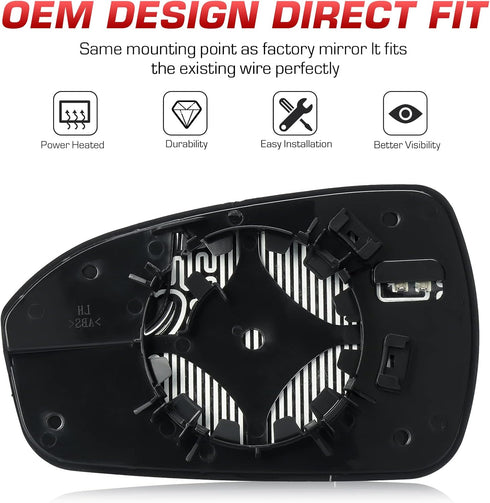 Right Passenger Side View Heated Mirror Glass for 2013 2014 2015 2016 2017 2018 2019 2020 Ford Fusion, Replace DS7Z17K707F DS7Z-17K707-F Exterior ...