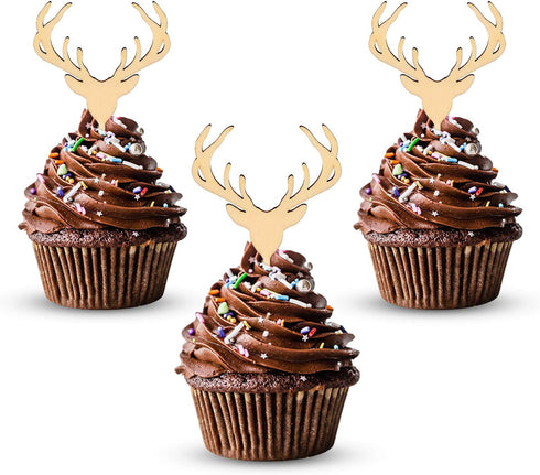 Wooden Deer Cupcake Toppers Antler Cake Picks Wedding Baby Shower Birthday Hunting Rustic Country Party Cake Decoration Supplies 24 Counts...