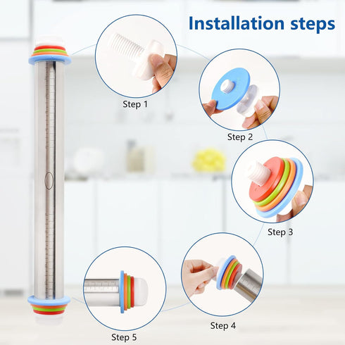 Adjustable Rolling Pin With 4 Thickness Rings, Stainless Steel Dough Roller Pizza Roller Handle Press Design With Measurement Guide For Baking, Fo...
