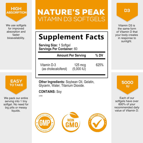 D Vitamin 5000 IU Vitamin D3 Softgels - High Potency D3 Vitamin for Bone Health, Muscle, & Immune Support - Extra Strength 125 mcg - Natures Non-G...